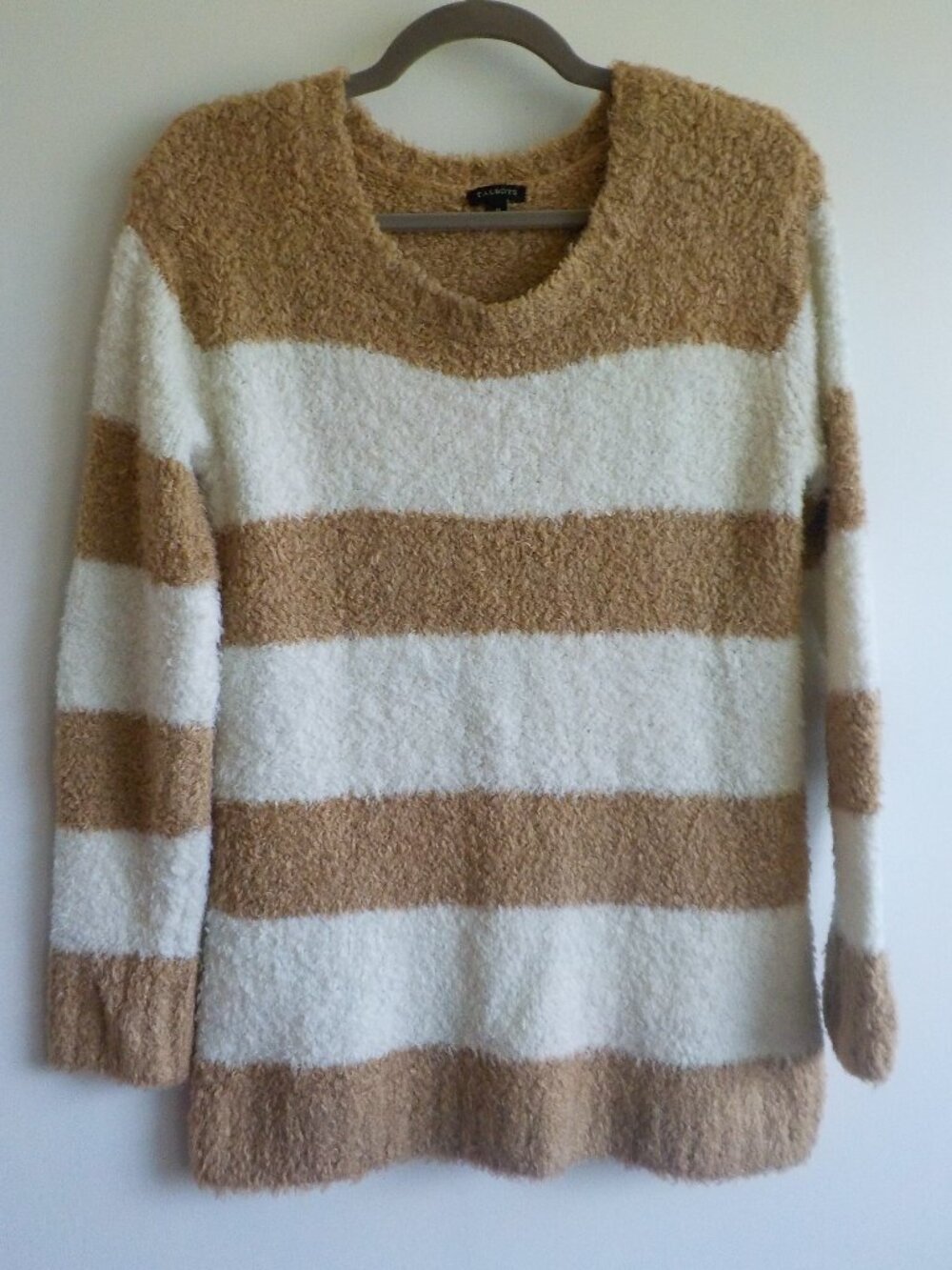 Talbots Sweater - Medium - Tan/White Stripe Fuzzy Cozy Long Sleeve (2481)